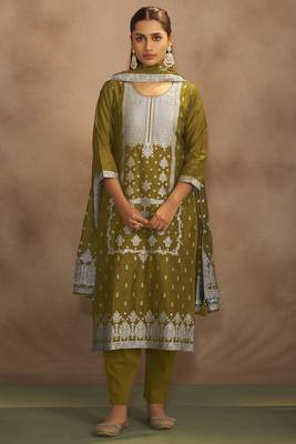 Women's olive green jacquard art silk straight kurta set with cotton bottom & silk blend dupatta 3