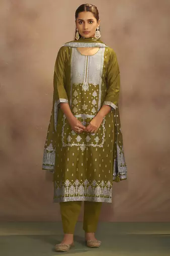 Women's olive green jacquard art silk straight kurta set with cotton bottom & silk blend dupatta