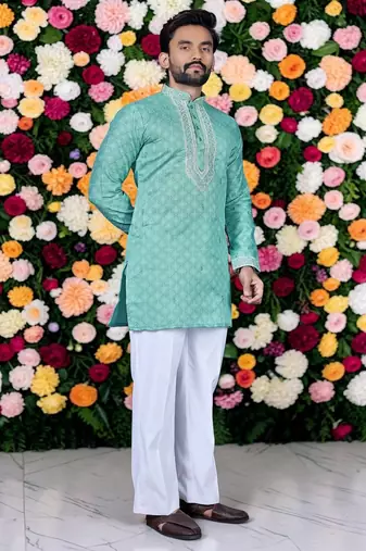 Wedding sea green embroidered  silk men's short kurta only