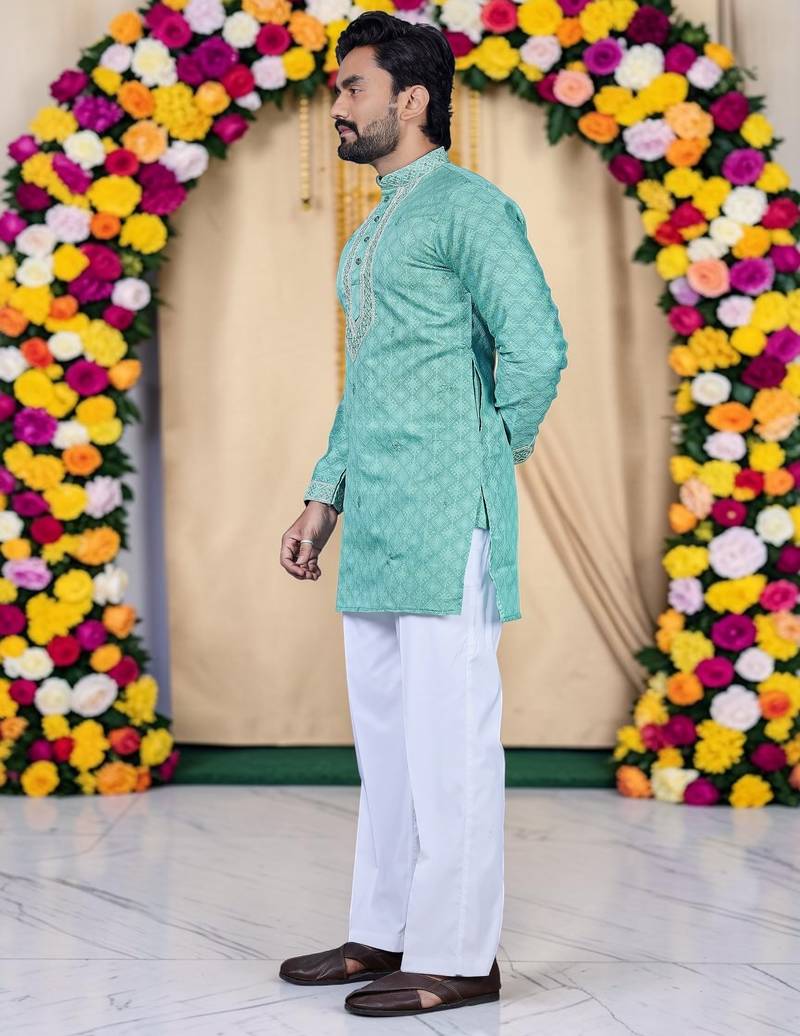 Wedding sea green embroidered  silk men's short kurta only