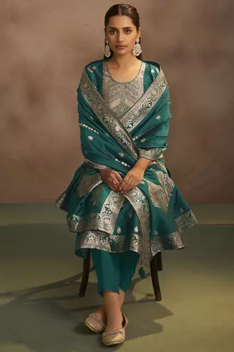 Women's rama green jacquard art silk straight kurta set with dupatta