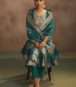Women's rama green jacquard art silk straight kurta set with dupatta