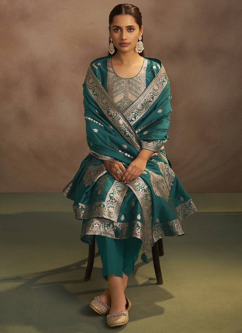Women's rama green jacquard art silk straight kurta set with dupatta