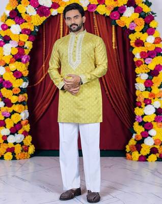 Wedding yellow embroidered  silk men's short kurta only 1