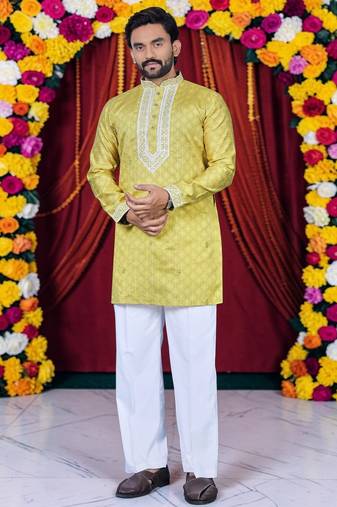 Wedding yellow embroidered  silk men's short kurta only