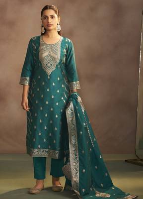 Women's rama green jacquard art silk straight kurta set with dupatta 2