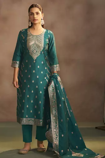 Women's rama green jacquard art silk straight kurta set with dupatta