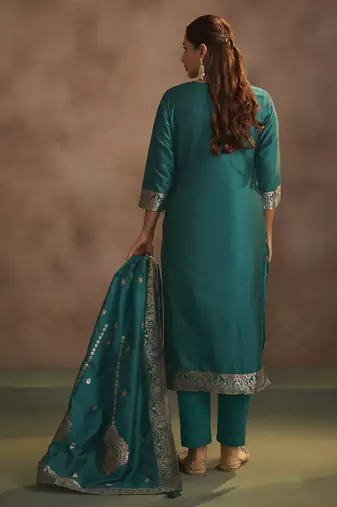 Women's rama green jacquard art silk straight kurta set with dupatta