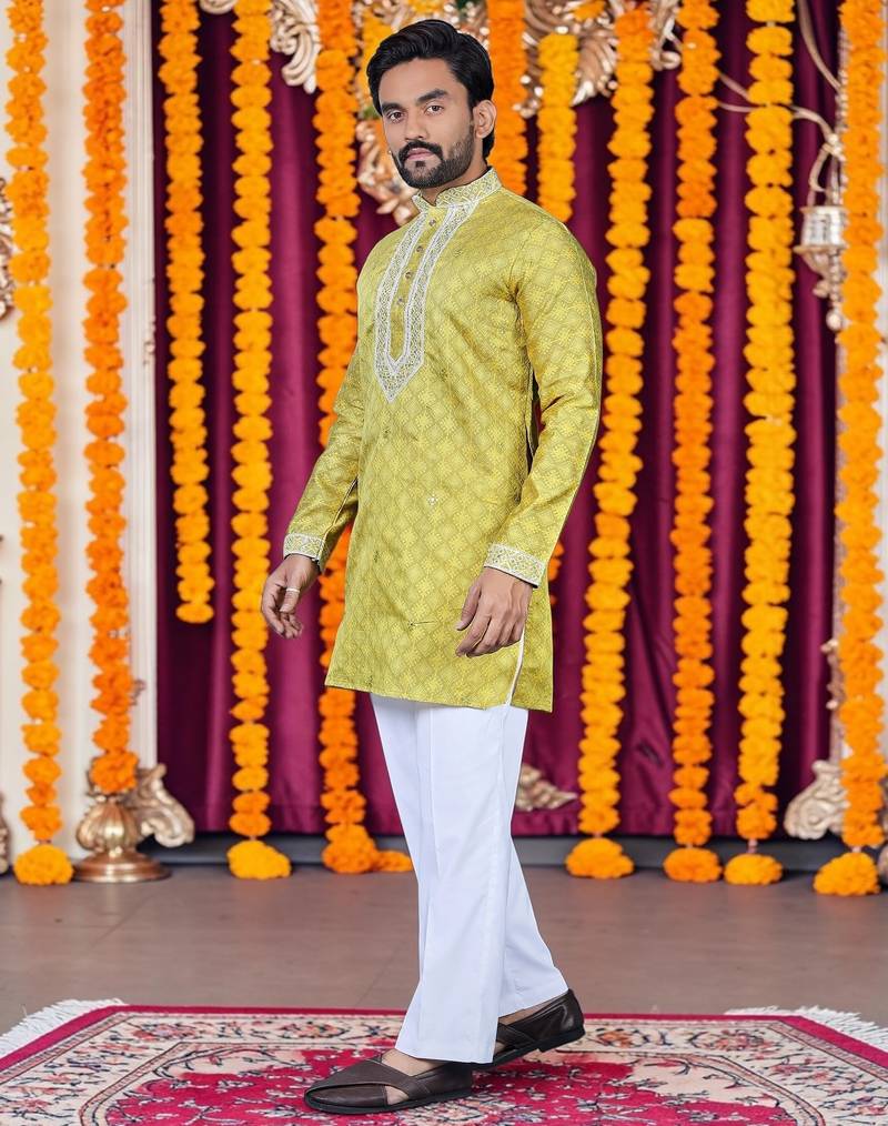 Wedding yellow embroidered  silk men's short kurta only