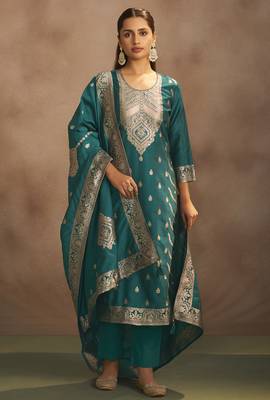 Women's rama green jacquard art silk straight kurta set with dupatta 4