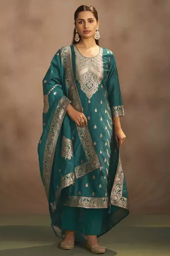 Women's rama green jacquard art silk straight kurta set with dupatta