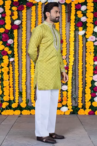 Wedding yellow embroidered  silk men's short kurta only