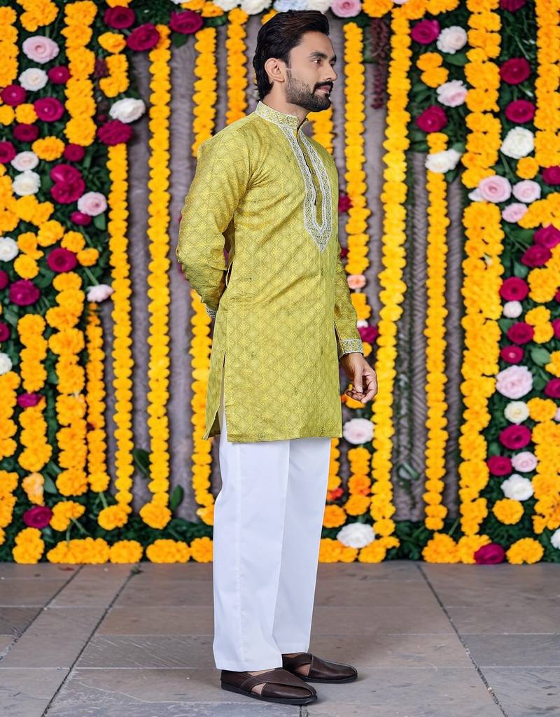 Wedding yellow embroidered  silk men's short kurta only