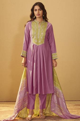 Light pink roman silk embroidered flared kurta set dupatta