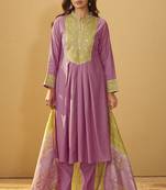 Light pink roman silk embroidered flared kurta set dupatta