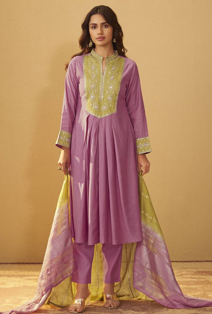 Light pink roman silk embroidered flared kurta set dupatta