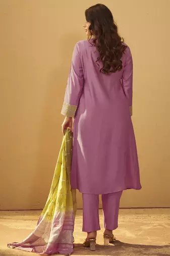 Light pink roman silk embroidered flared kurta set dupatta
