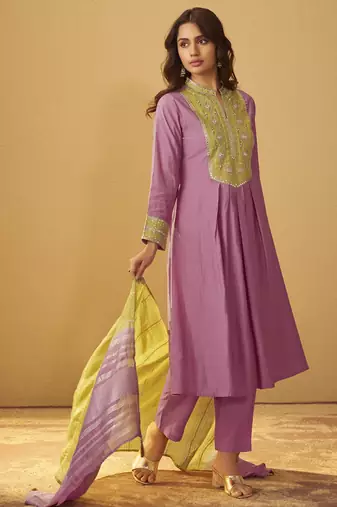 Light pink roman silk embroidered flared kurta set dupatta