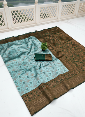 Sea green silk blend banarasi saree with unstitched blouse piece 3