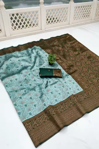 Sea green silk blend banarasi saree with unstitched blouse piece