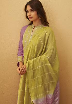 Light pink roman silk embroidered flared kurta set dupatta 4