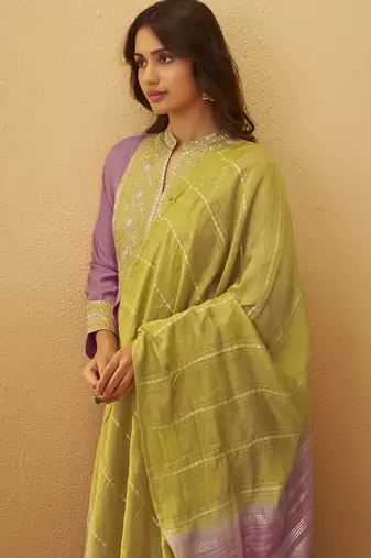 Light pink roman silk embroidered flared kurta set dupatta