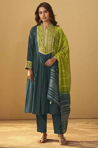 Dark green roman silk embroidered flared kurta set dupatta