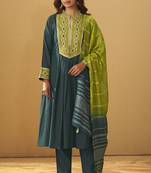 Dark green roman silk embroidered flared kurta set dupatta