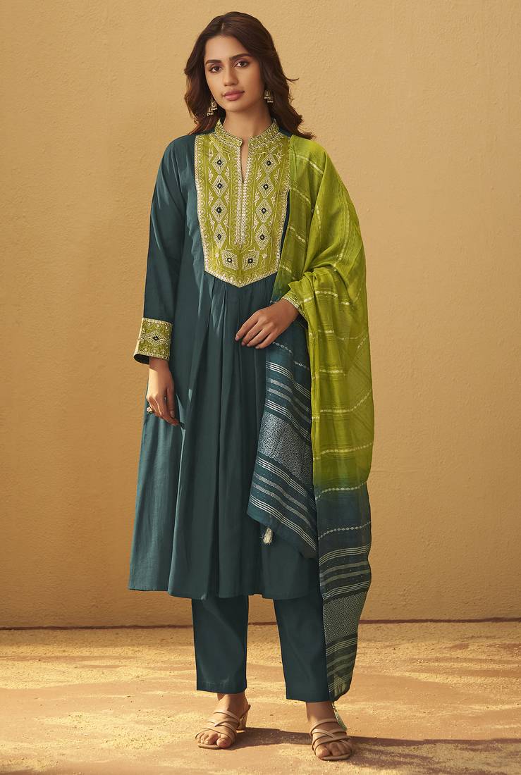 Dark green roman silk embroidered flared kurta set dupatta