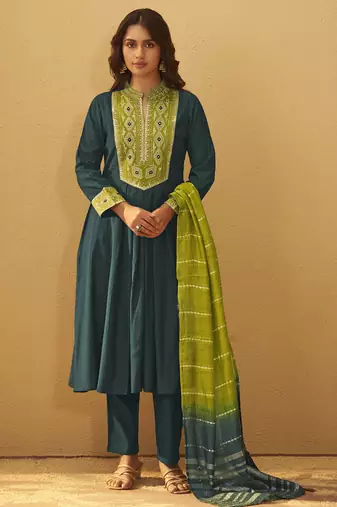 Dark green roman silk embroidered flared kurta set dupatta