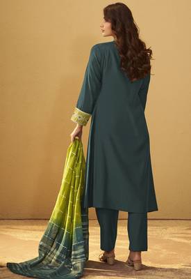 Dark green roman silk embroidered flared kurta set dupatta 3