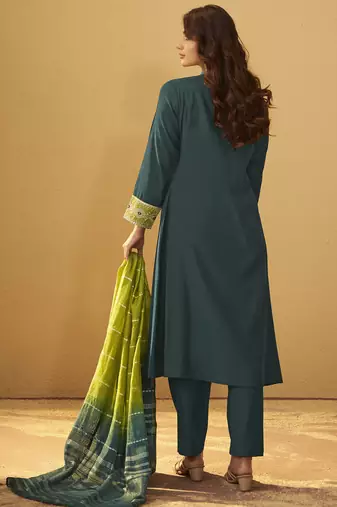 Dark green roman silk embroidered flared kurta set dupatta
