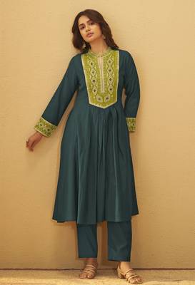 Dark green roman silk embroidered flared kurta set dupatta 4