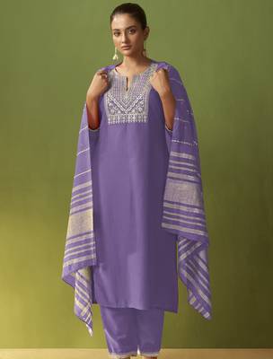 Purple chinon embroidered kurta set with jacquard dupatta 1