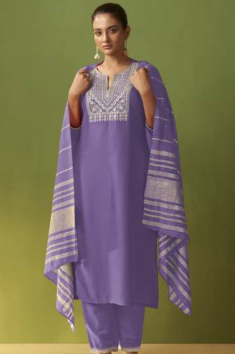Purple chinon embroidered kurta set with jacquard dupatta