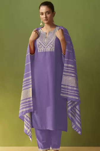 Purple chinon embroidered kurta set with jacquard dupatta