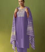 Purple chinon embroidered kurta set with jacquard dupatta