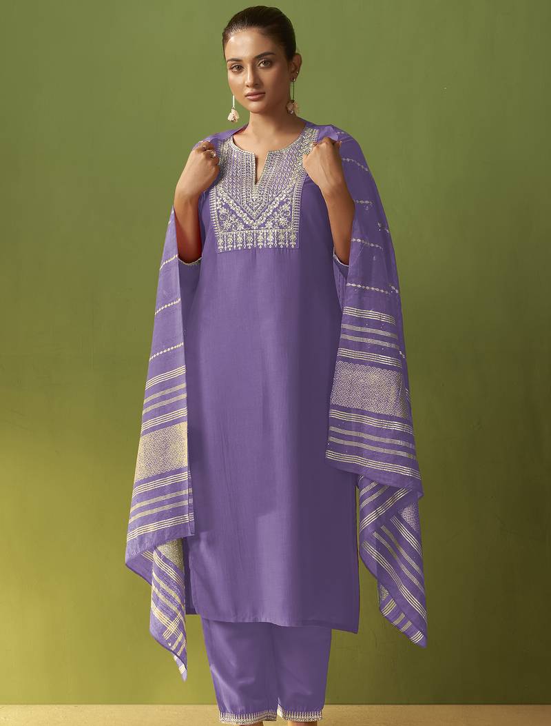 Purple chinon embroidered kurta set with jacquard dupatta