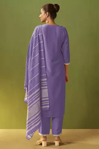 Purple chinon embroidered kurta set with jacquard dupatta
