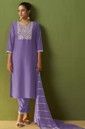 Purple chinon embroidered kurta set with jacquard dupatta