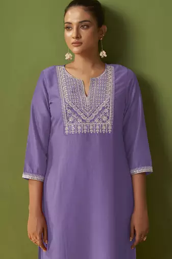 Purple chinon embroidered kurta set with jacquard dupatta