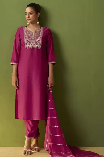 Pink chinon embroidered kurta set with jacquard dupatta