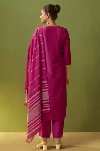 Pink chinon embroidered kurta set with jacquard dupatta