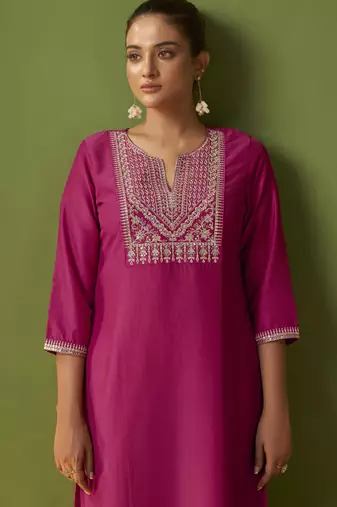 Pink chinon embroidered kurta set with jacquard dupatta