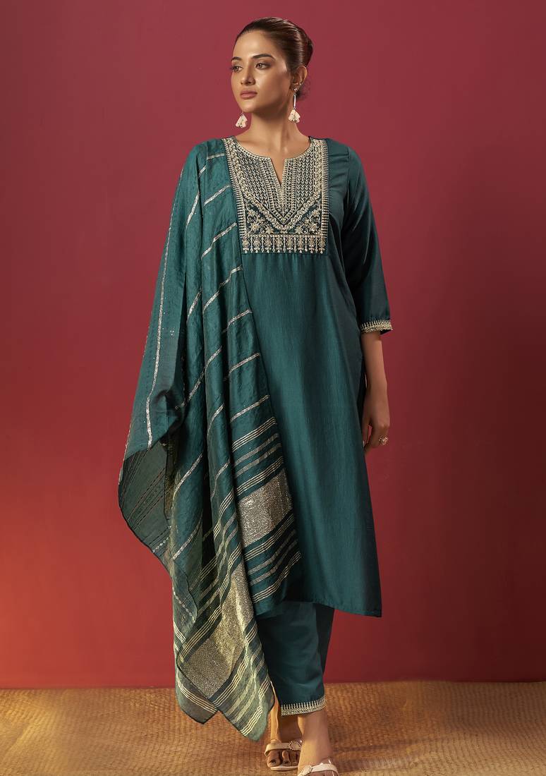 Green chinon embroidered kurta set with jacquard dupatta