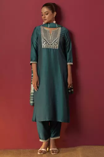 Green chinon embroidered kurta set with jacquard dupatta