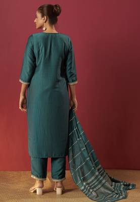 Green chinon embroidered kurta set with jacquard dupatta 3