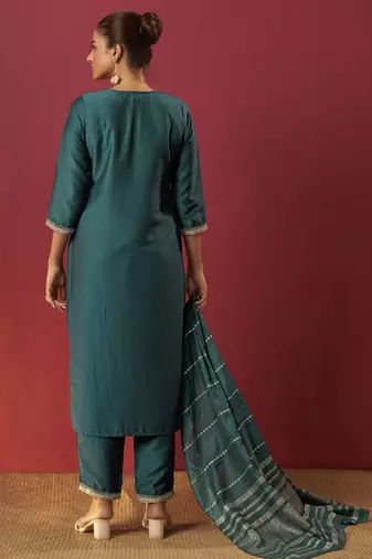 Green chinon embroidered kurta set with jacquard dupatta