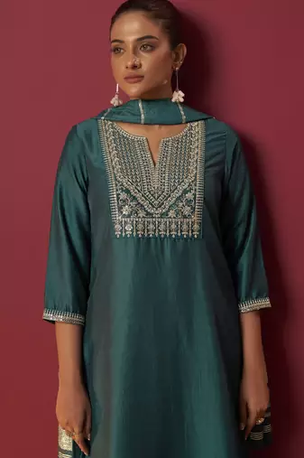 Green chinon embroidered kurta set with jacquard dupatta