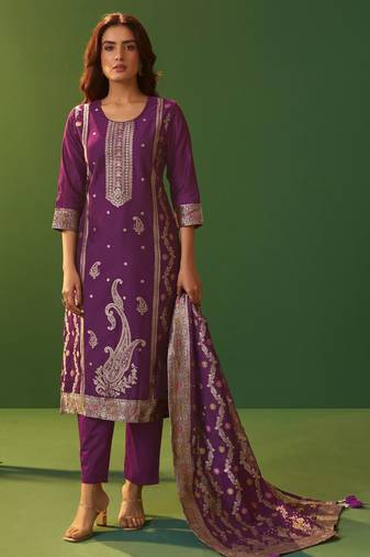 Purple jacquard art silk kurta set with cotton bottom & silk jacquard dupatta